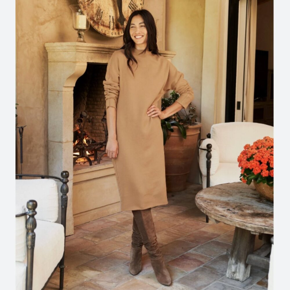 Frank & Eileen Isabelle Funnel Neck Midi Triple Fleece Dress Camel Beige Tan